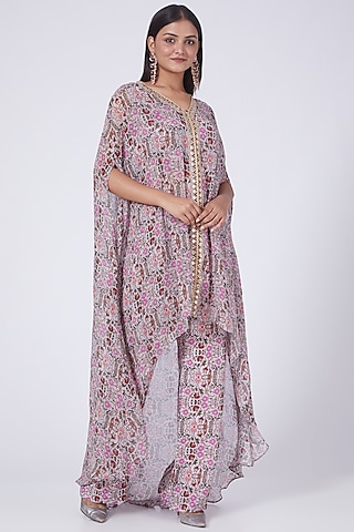 Mauve Printed High-Low Kaftan Set by Ridhima Bhasin