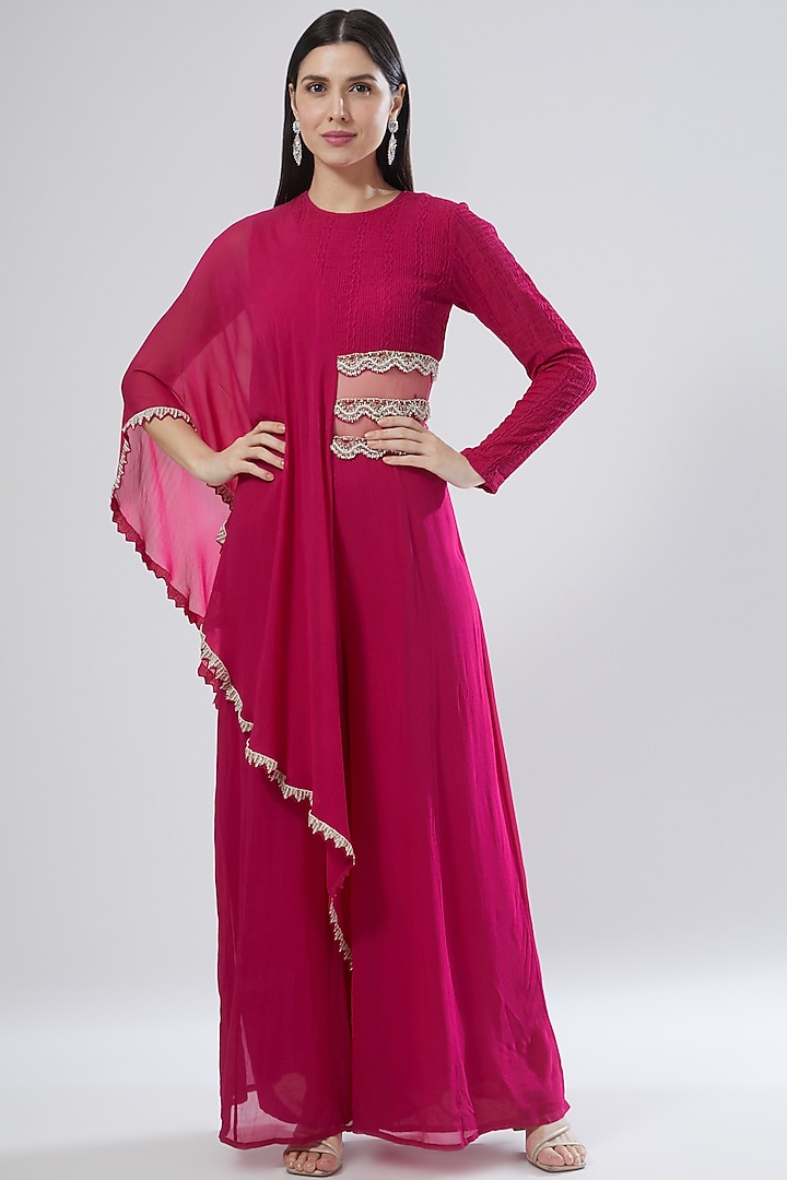 Fuchsia Georgette Embroidered Jumpsuit by Ridhima Bhasin