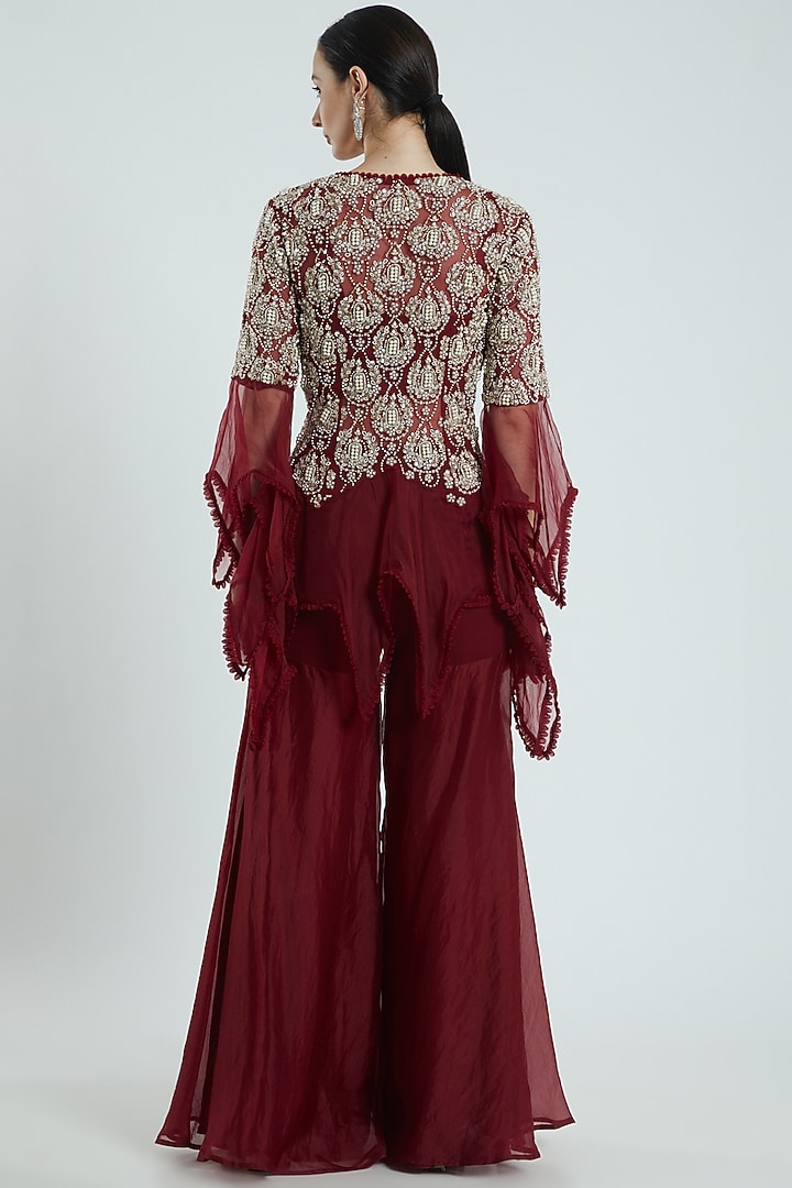 Maroon Organza Wedding Sharara Set by Ridhima Bhasin at Pernia's Pop Up Shop