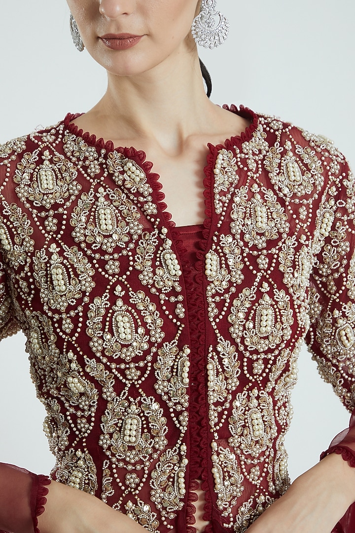 Maroon Organza Wedding Sharara Set by Ridhima Bhasin at Pernia's Pop Up Shop