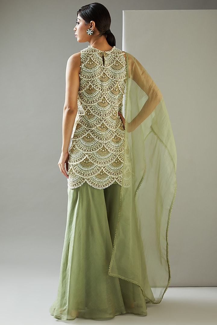 Sage Green Crepe Bridal Sharara Set by Ridhima Bhasin at Pernia's Pop Up Shop