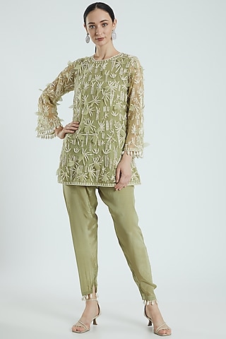 Sage Green Embroidered Kurta Set by Ridhima Bhasin