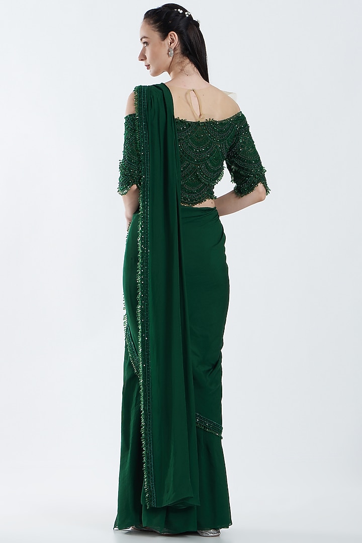Emerald Green Tulle Pre-Draped Wedding Saree Set by Ridhima Bhasin at Pernia's Pop Up Shop