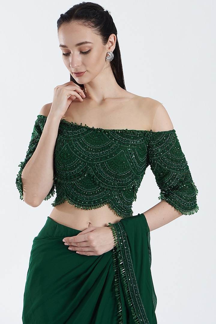 Emerald Green Tulle Pre-Draped Wedding Saree Set by Ridhima Bhasin at Pernia's Pop Up Shop