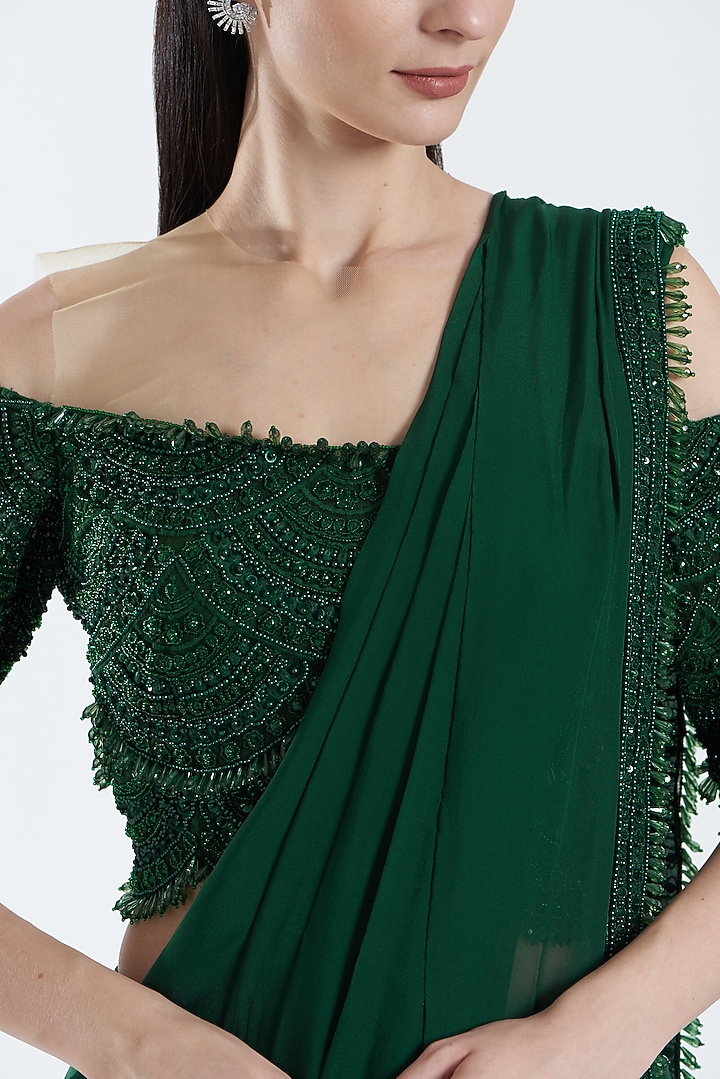 Emerald Green Tulle Pre-Draped Wedding Saree Set by Ridhima Bhasin at Pernia's Pop Up Shop