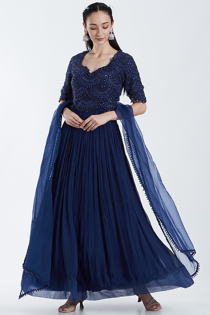 Navy Blue Embroidered Wedding Anarkali Set by Ridhima Bhasin at Pernia's Pop Up Shop