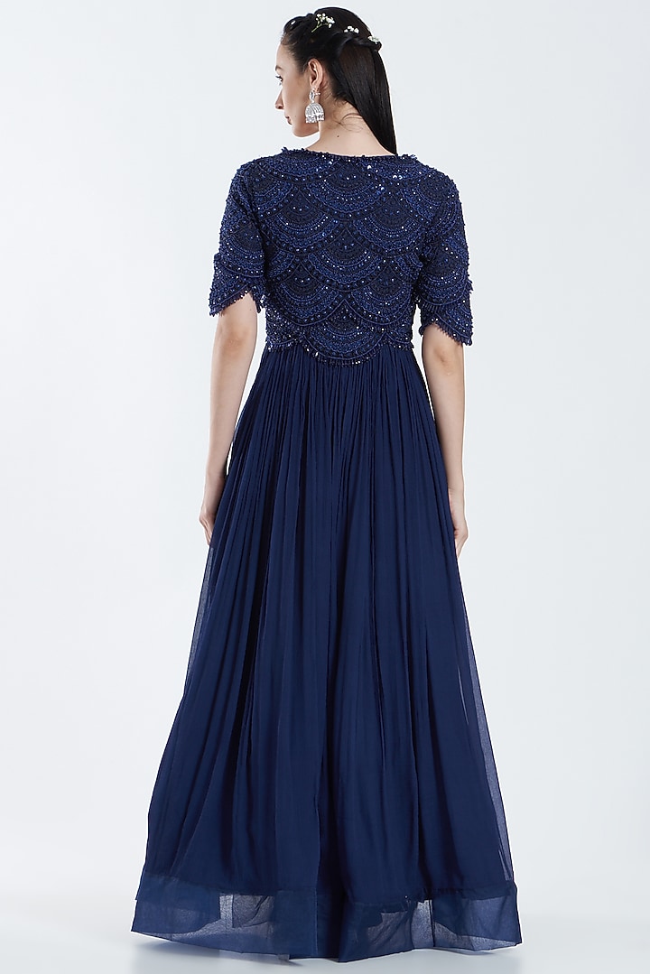 Navy Blue Embroidered Wedding Anarkali Set by Ridhima Bhasin at Pernia's Pop Up Shop