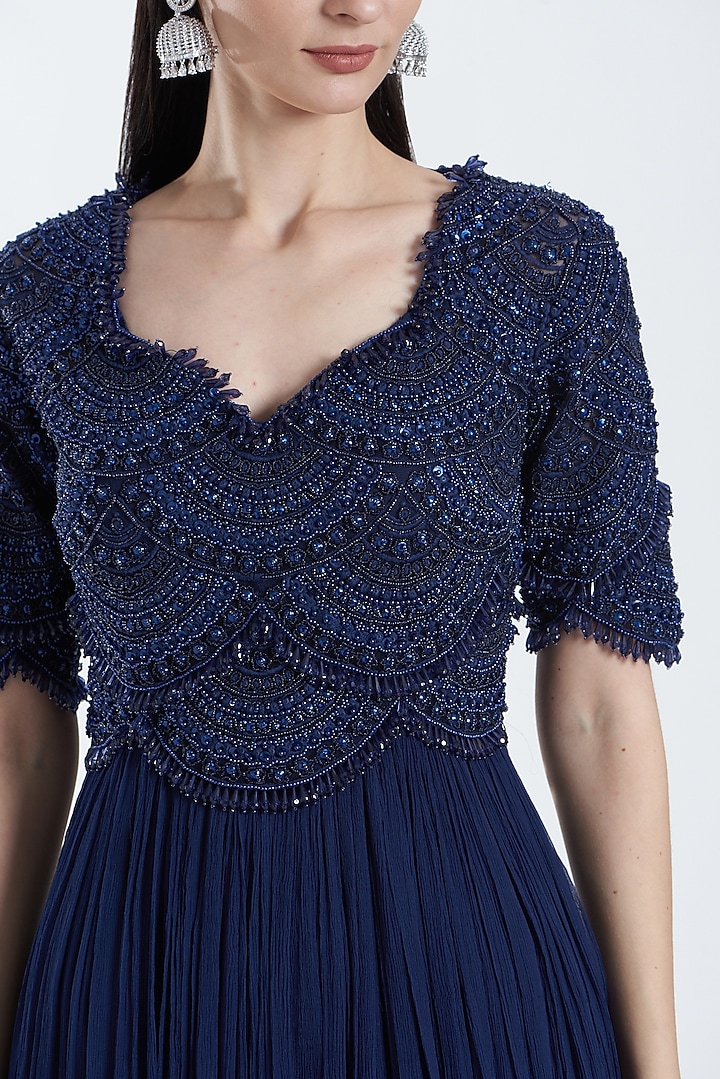 Navy Blue Embroidered Wedding Anarkali Set by Ridhima Bhasin at Pernia's Pop Up Shop