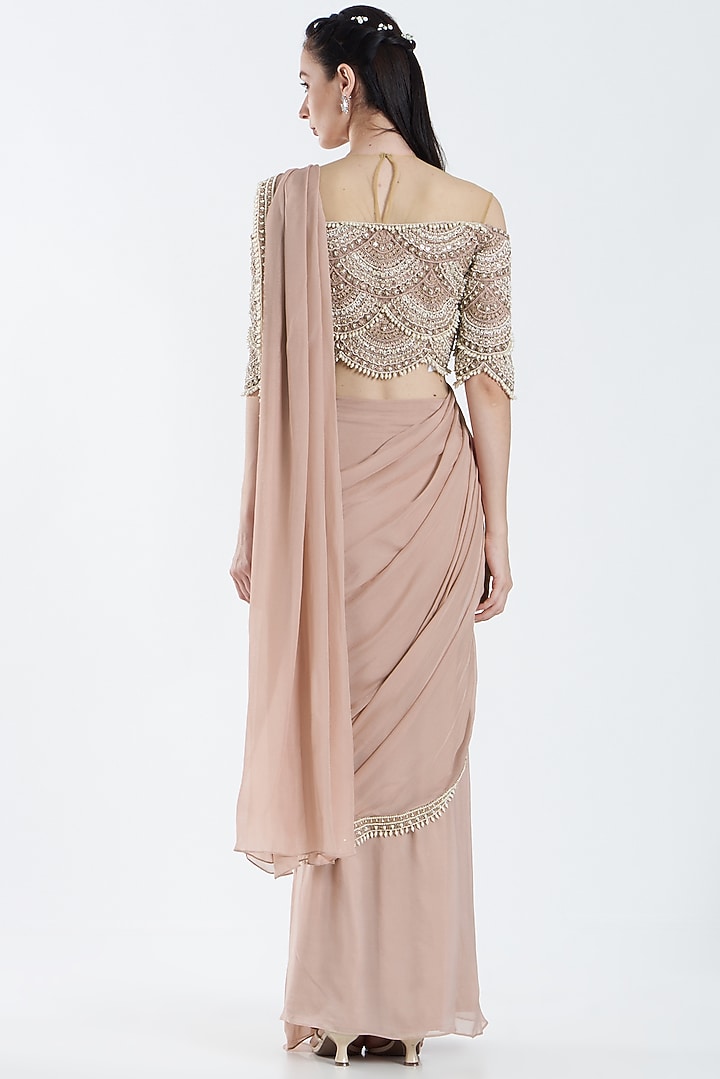 Blush Pink Chiffon & Tulle Pre-Draped Wedding Saree Set by Ridhima Bhasin at Pernia's Pop Up Shop