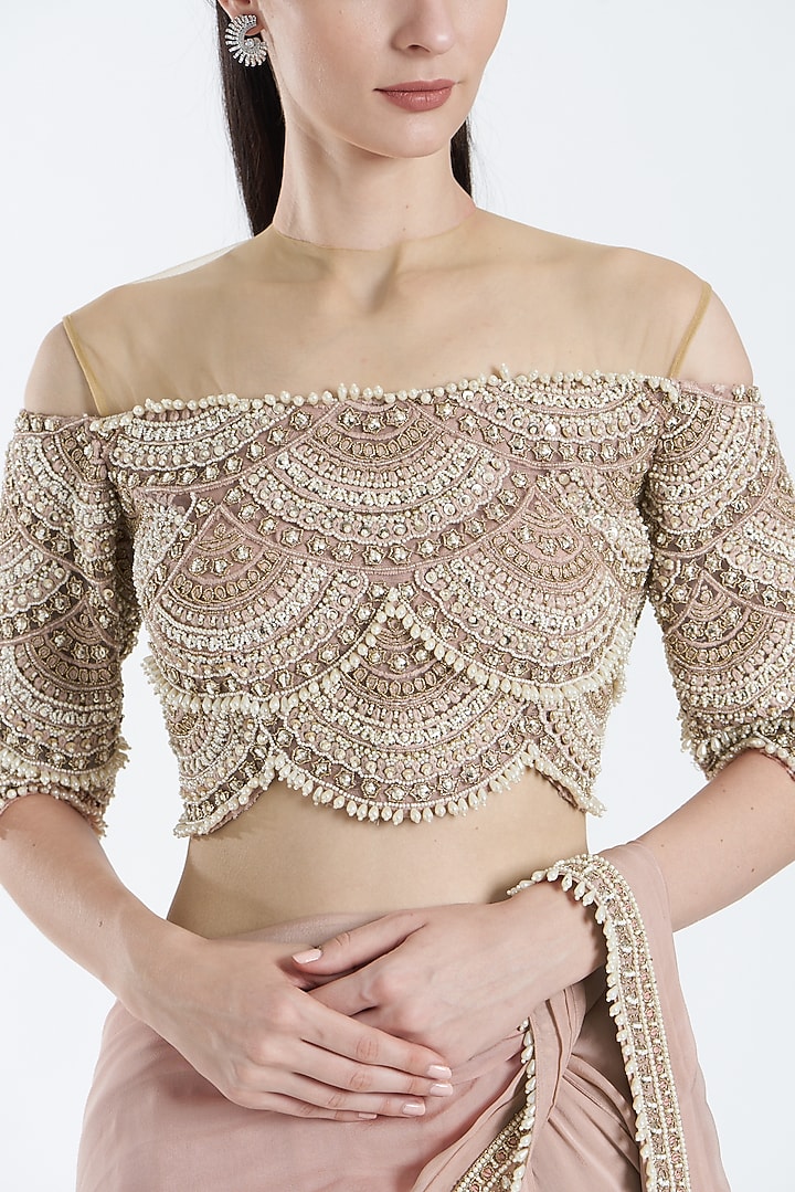 Blush Pink Chiffon & Tulle Pre-Draped Wedding Saree Set by Ridhima Bhasin at Pernia's Pop Up Shop
