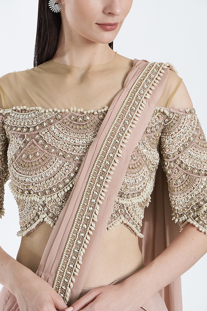 Blush Pink Chiffon & Tulle Pre-Draped Wedding Saree Set by Ridhima Bhasin at Pernia's Pop Up Shop