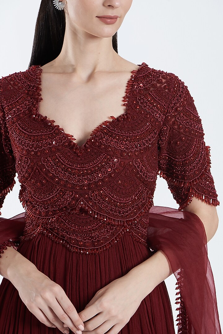 Maroon Embroidered Wedding Anarkali Set by Ridhima Bhasin at Pernia's Pop Up Shop