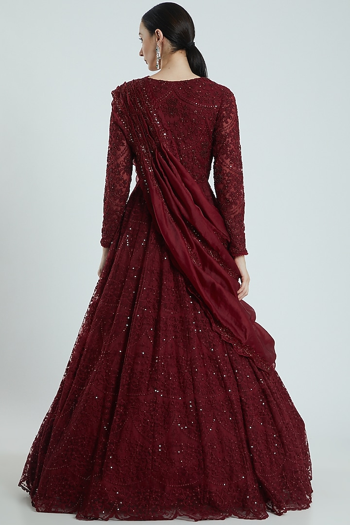 Reddish-Maroon Embroidered Bridal Anarkali Set by Ridhima Bhasin at Pernia's Pop Up Shop