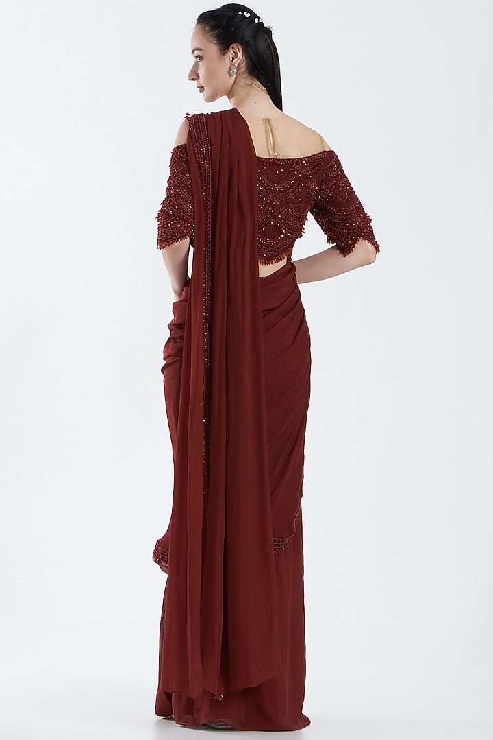 Maroon Chiffon & Tulle Pre-Draped Wedding Saree Set by Ridhima Bhasin at Pernia's Pop Up Shop