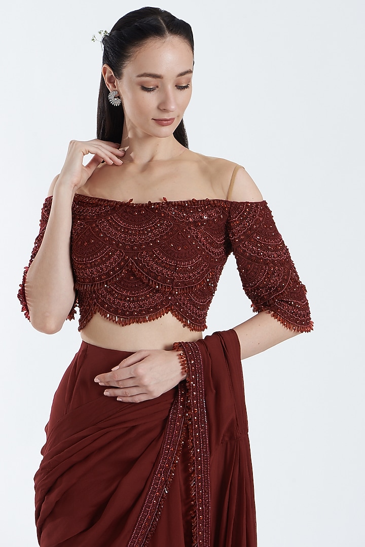 Maroon Chiffon & Tulle Pre-Draped Wedding Saree Set by Ridhima Bhasin at Pernia's Pop Up Shop
