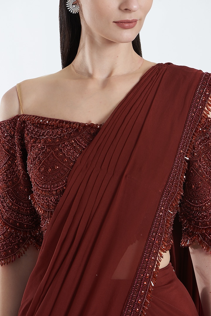 Maroon Chiffon & Tulle Pre-Draped Wedding Saree Set by Ridhima Bhasin at Pernia's Pop Up Shop