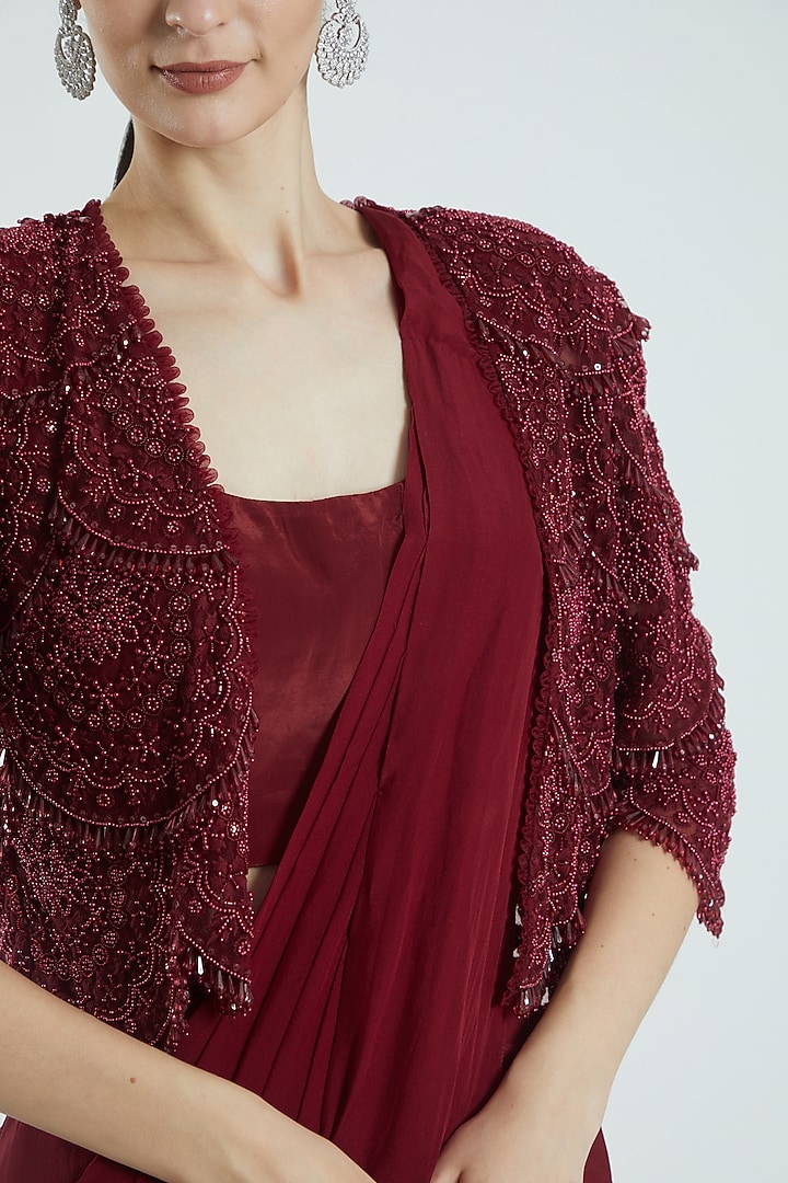 Maroon Chiffon Hand Embroidered Pre-Draped Jacket Wedding Saree Set by Ridhima Bhasin at Pernia's Pop Up Shop