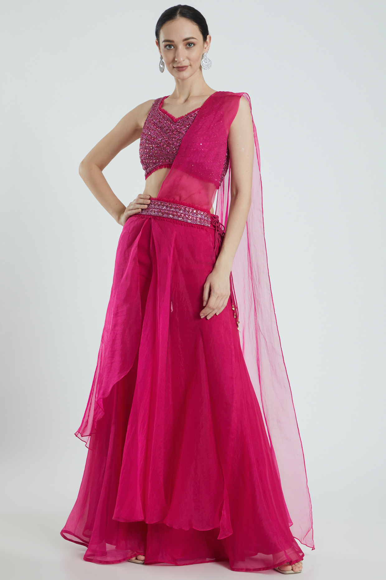 Fuchsia Organza Sharara Saree Set by Ridhima Bhasin