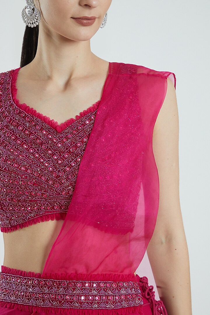 Fuchsia Organza Sharara Wedding Saree Set by Ridhima Bhasin at Pernia's Pop Up Shop