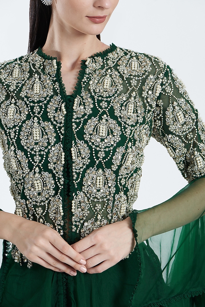 Emerald Green Embroidered Jacket Set by Ridhima Bhasin at Pernia's Pop Up Shop