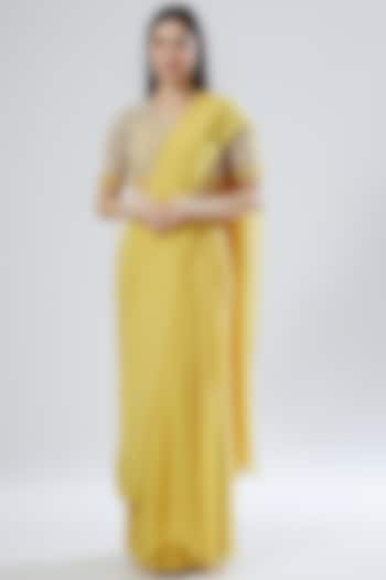 Sunshine Yellow Organza & Chiffon Pre-Draped Wedding Saree Set by Ridhima Bhasin at Pernia's Pop Up Shop