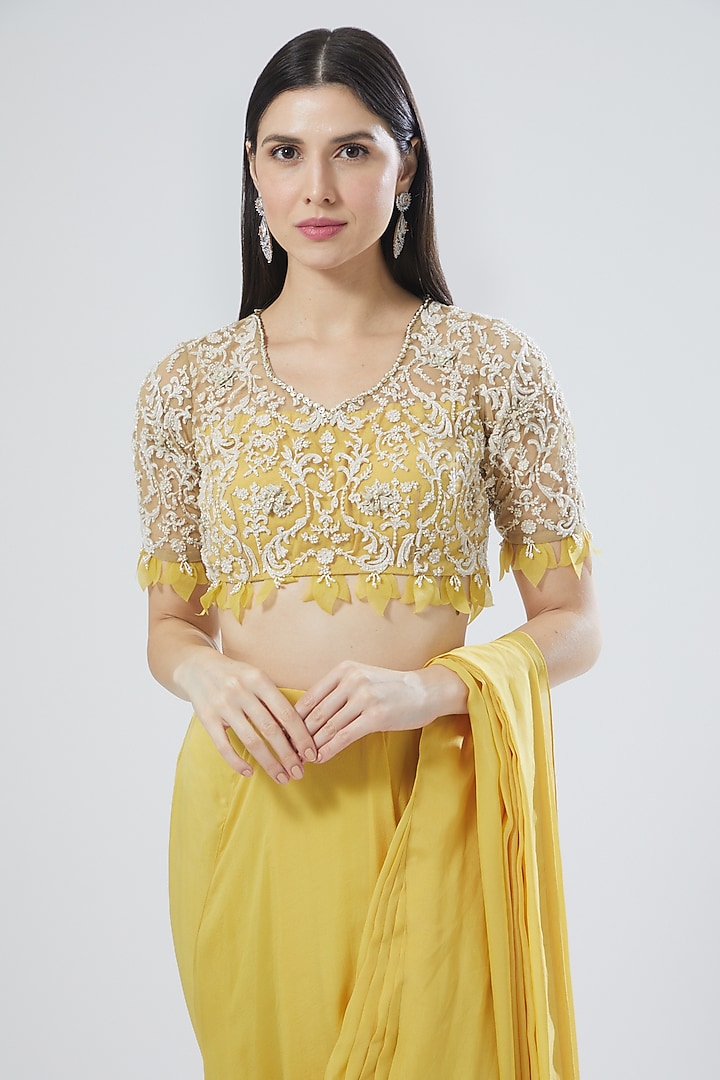 Sunshine Yellow Organza & Chiffon Pre-Draped Wedding Saree Set by Ridhima Bhasin at Pernia's Pop Up Shop