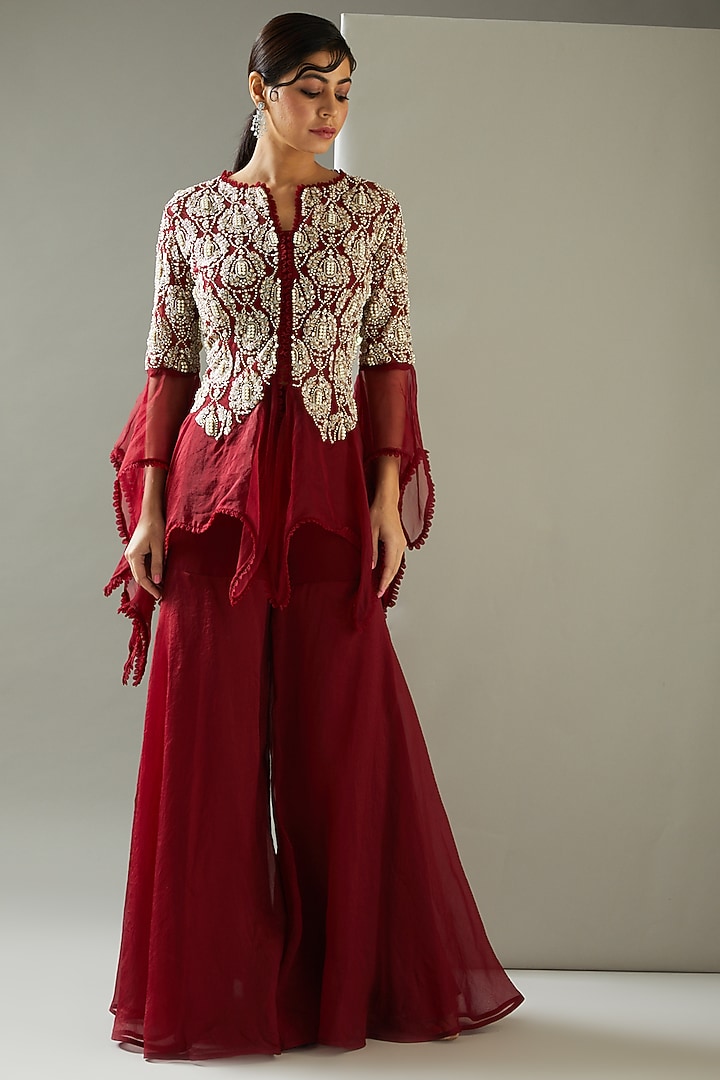 Red Organza Wedding Sharara Set by Ridhima Bhasin at Pernia's Pop Up Shop