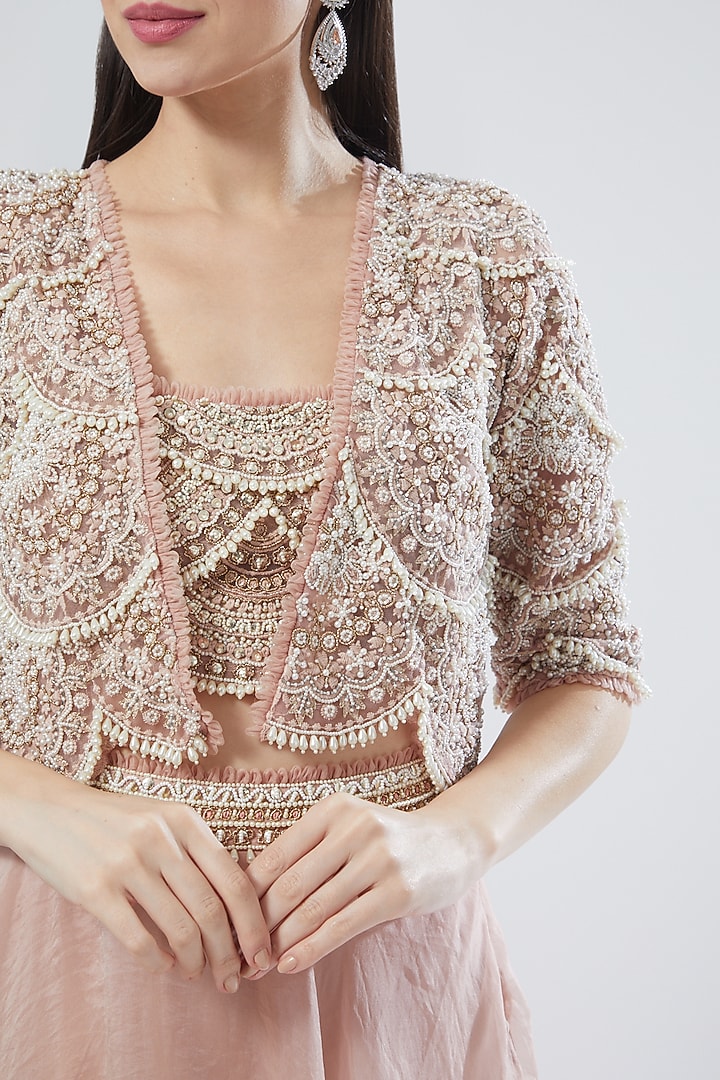 Blush Pink Organza Embroidered Jacket Wedding Lehenga Set by Ridhima Bhasin at Pernia's Pop Up Shop