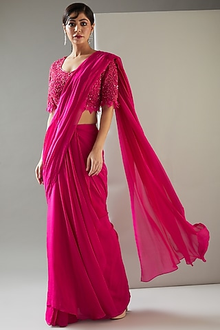 Fuchsia Chiffon & Tulle Pre-Draped Saree Set by Ridhima Bhasin