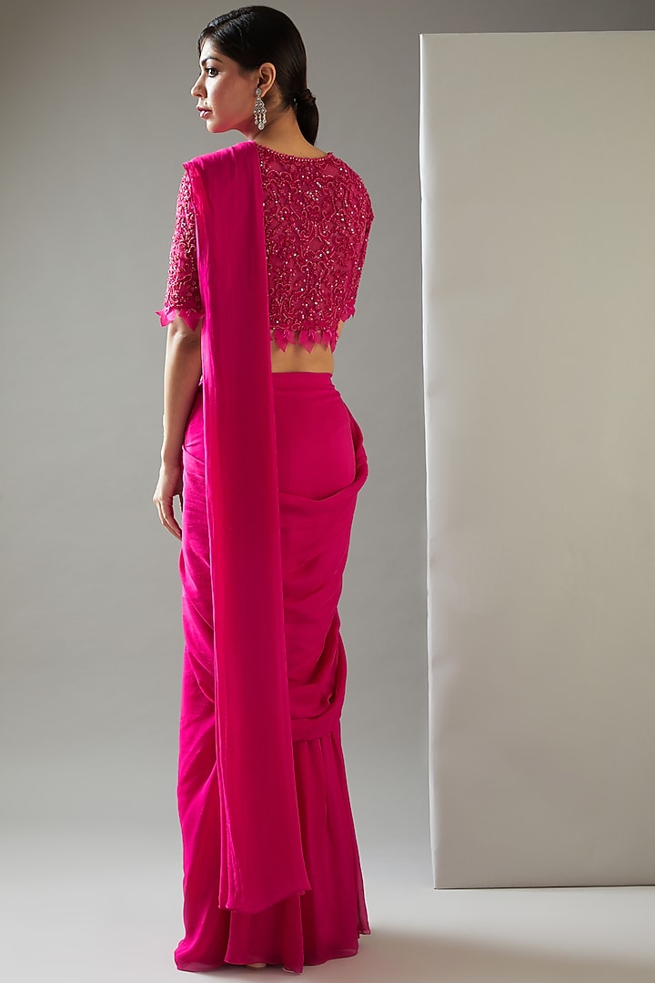Fuchsia Chiffon & Tulle Pre-Draped Wedding Saree Set by Ridhima Bhasin at Pernia's Pop Up Shop