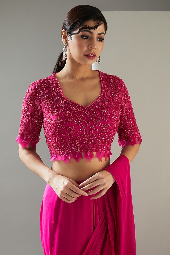 Fuchsia Chiffon & Tulle Pre-Draped Wedding Saree Set by Ridhima Bhasin at Pernia's Pop Up Shop
