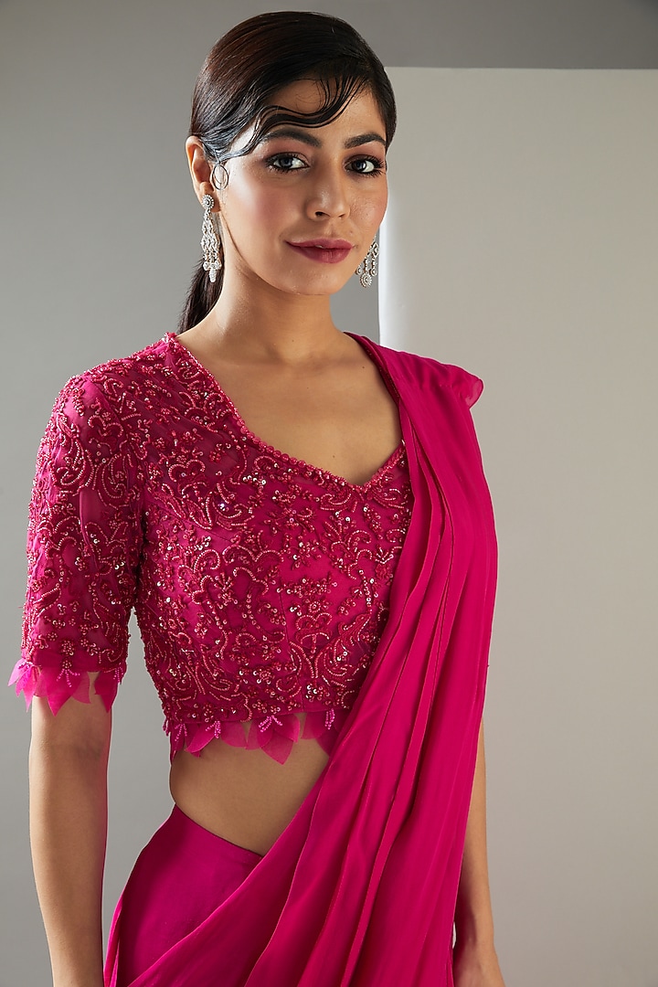 Fuchsia Chiffon & Tulle Pre-Draped Wedding Saree Set by Ridhima Bhasin at Pernia's Pop Up Shop