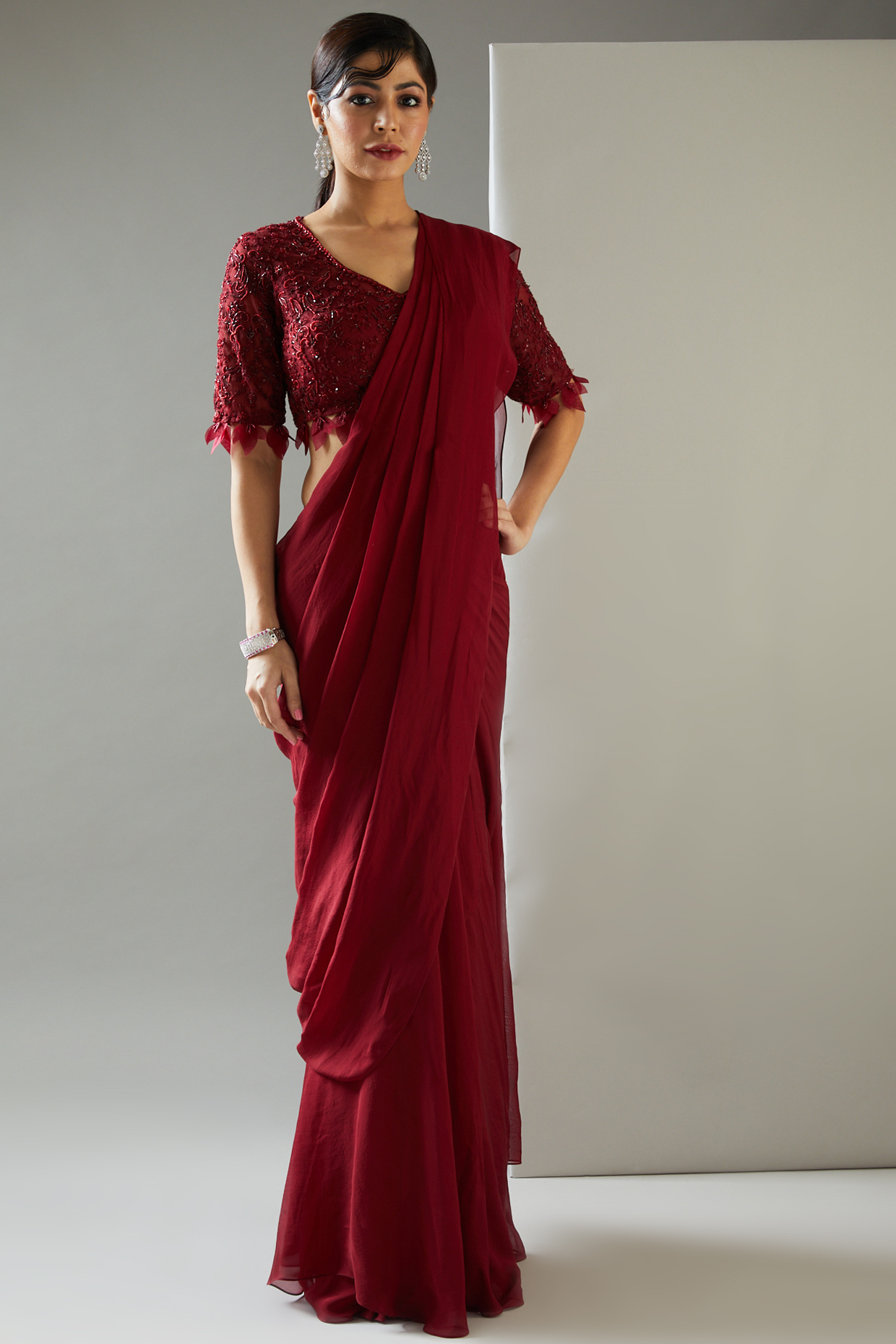 Maroon Chiffon & Tulle Pre-Draped Wedding Saree Set by Ridhima Bhasin at Pernia's Pop Up Shop