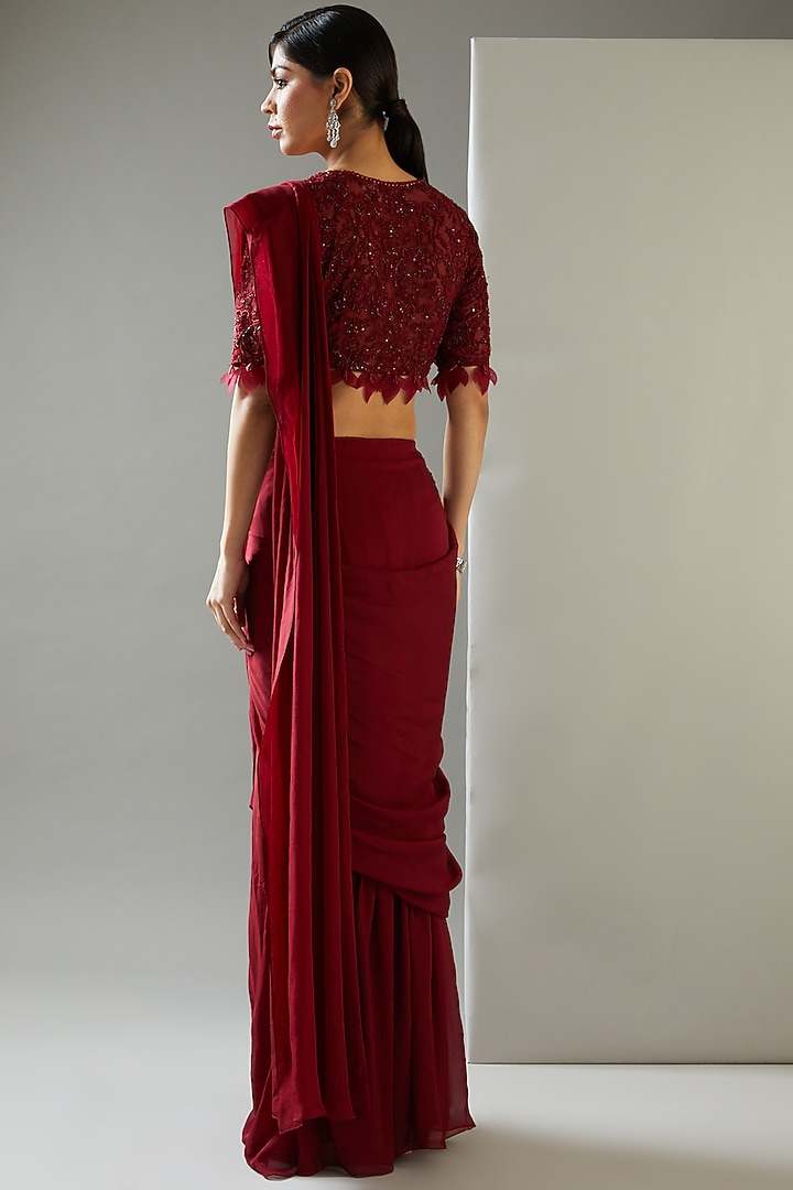 Maroon Chiffon & Tulle Pre-Draped Wedding Saree Set by Ridhima Bhasin at Pernia's Pop Up Shop