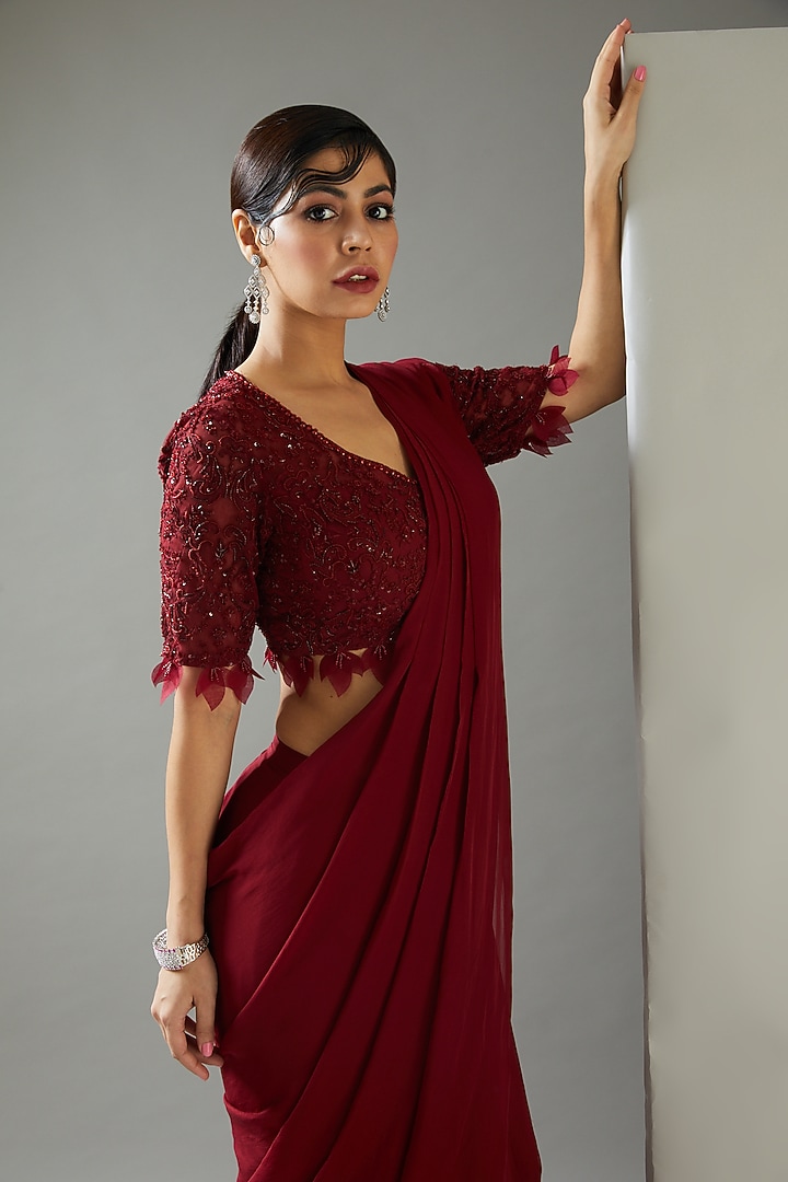 Maroon Chiffon & Tulle Pre-Draped Wedding Saree Set by Ridhima Bhasin at Pernia's Pop Up Shop