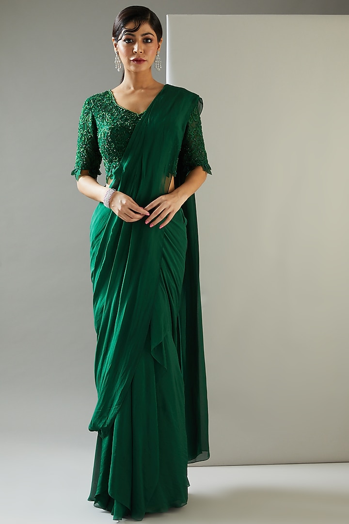 Emerald Green Chiffon Pre-Draped Saree Set by Ridhima Bhasin at Pernia's Pop Up Shop