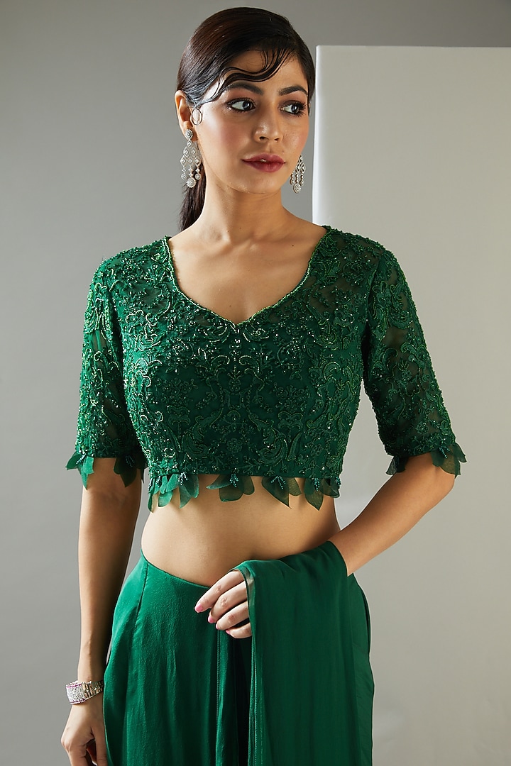 Emerald Green Chiffon Pre-Draped Wedding Saree Set by Ridhima Bhasin at Pernia's Pop Up Shop