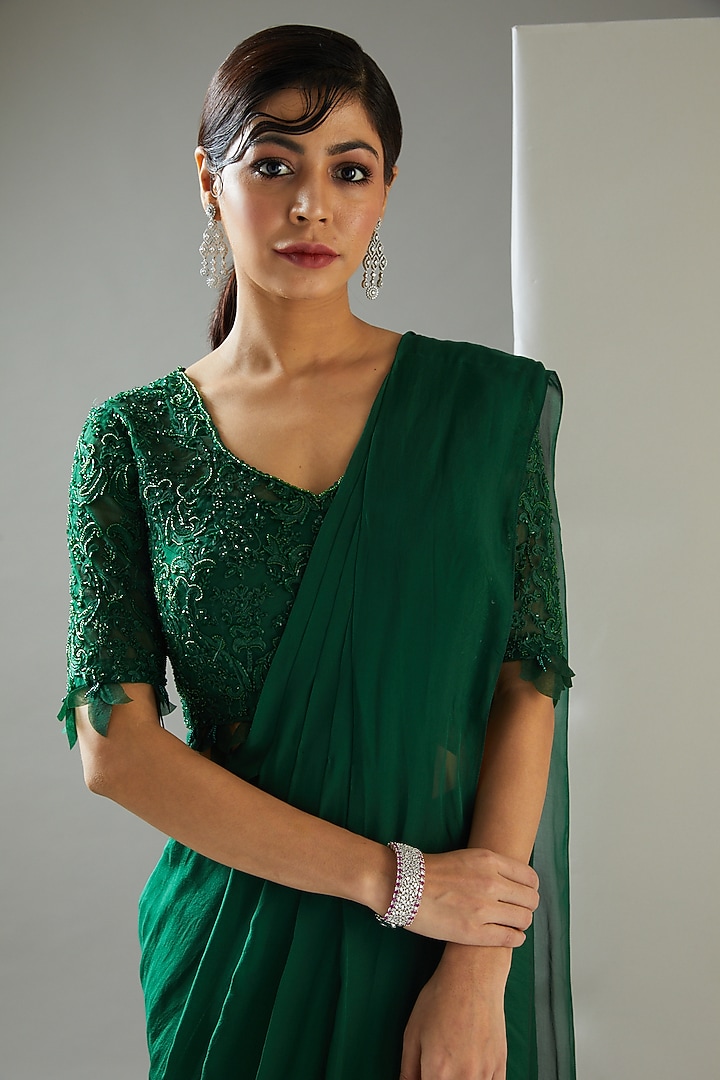 Emerald Green Chiffon Pre-Draped Wedding Saree Set by Ridhima Bhasin at Pernia's Pop Up Shop