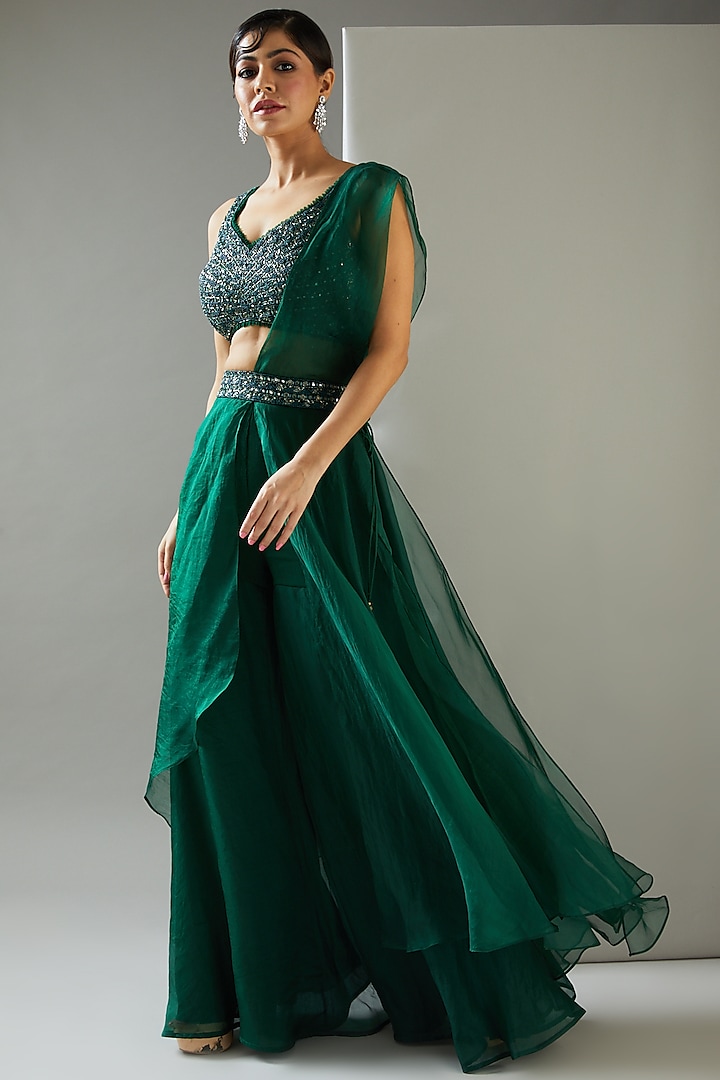 Emerald Green Georgette Sharara Set by Ridhima Bhasin