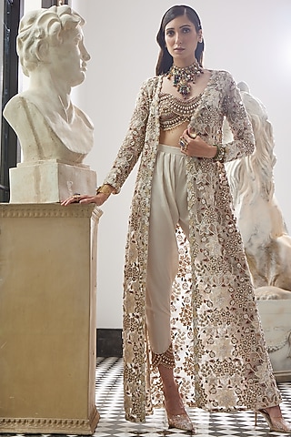 Ivory Organza Embroidered Jacket Set by Ridhima Bhasin