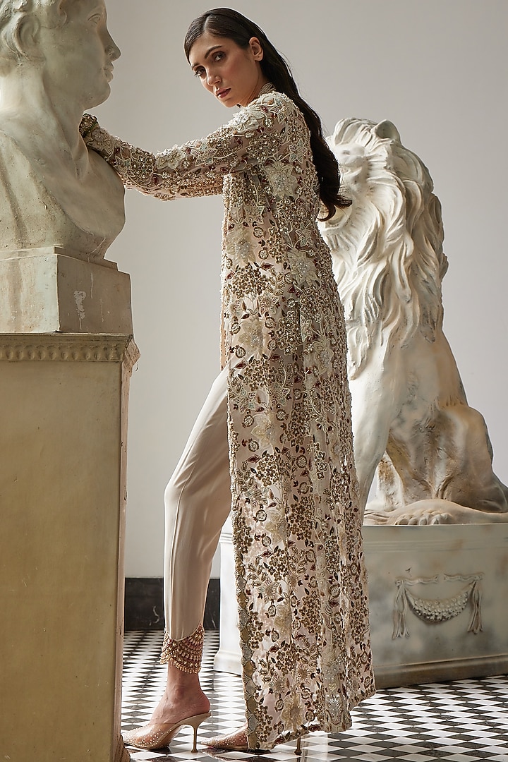 Ivory Organza Embroidered Jacket Set by Ridhima Bhasin at Pernia's Pop Up Shop