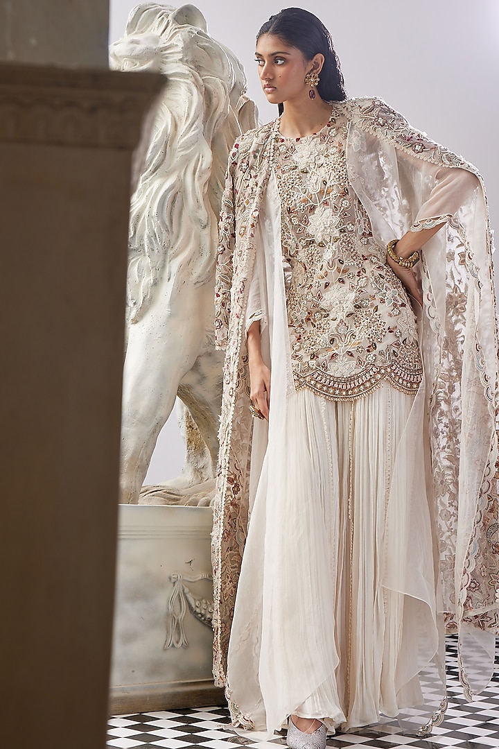 Ivory Chiffon Bridal Sharara Set by Ridhima Bhasin at Pernia's Pop Up Shop