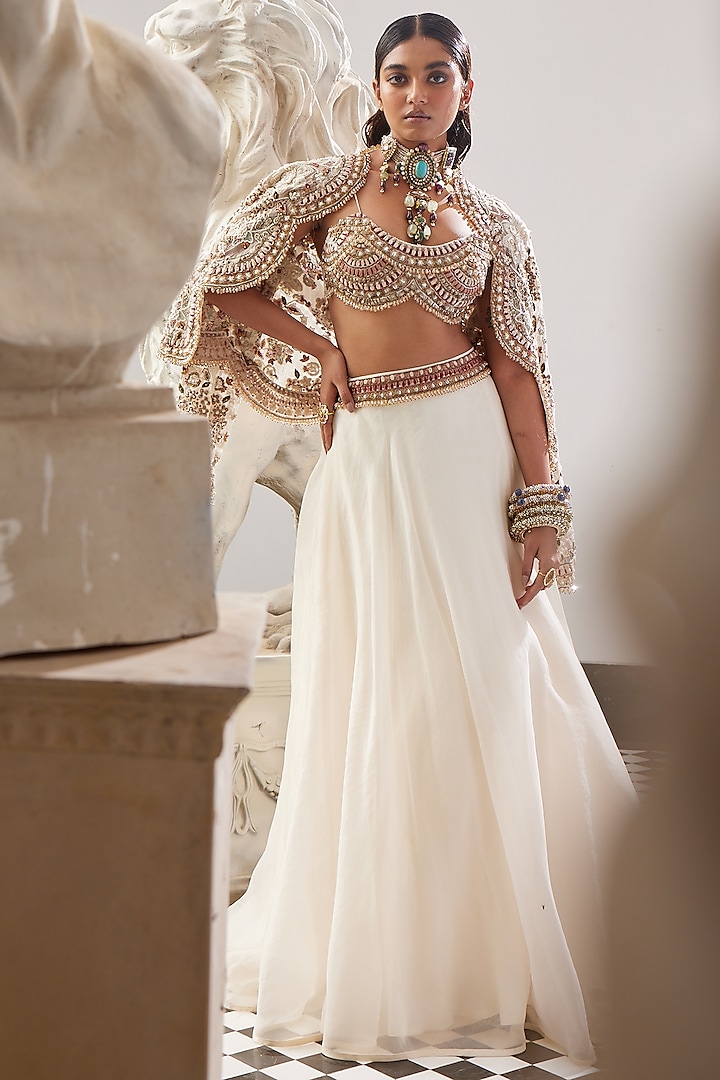 Ivory Organza & Flat Chiffon Jacket Wedding Lehenga Set by Ridhima Bhasin at Pernia's Pop Up Shop