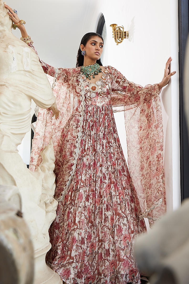 Ivory Chiffon Embroidered Wedding Anarkali Set by Ridhima Bhasin at Pernia's Pop Up Shop