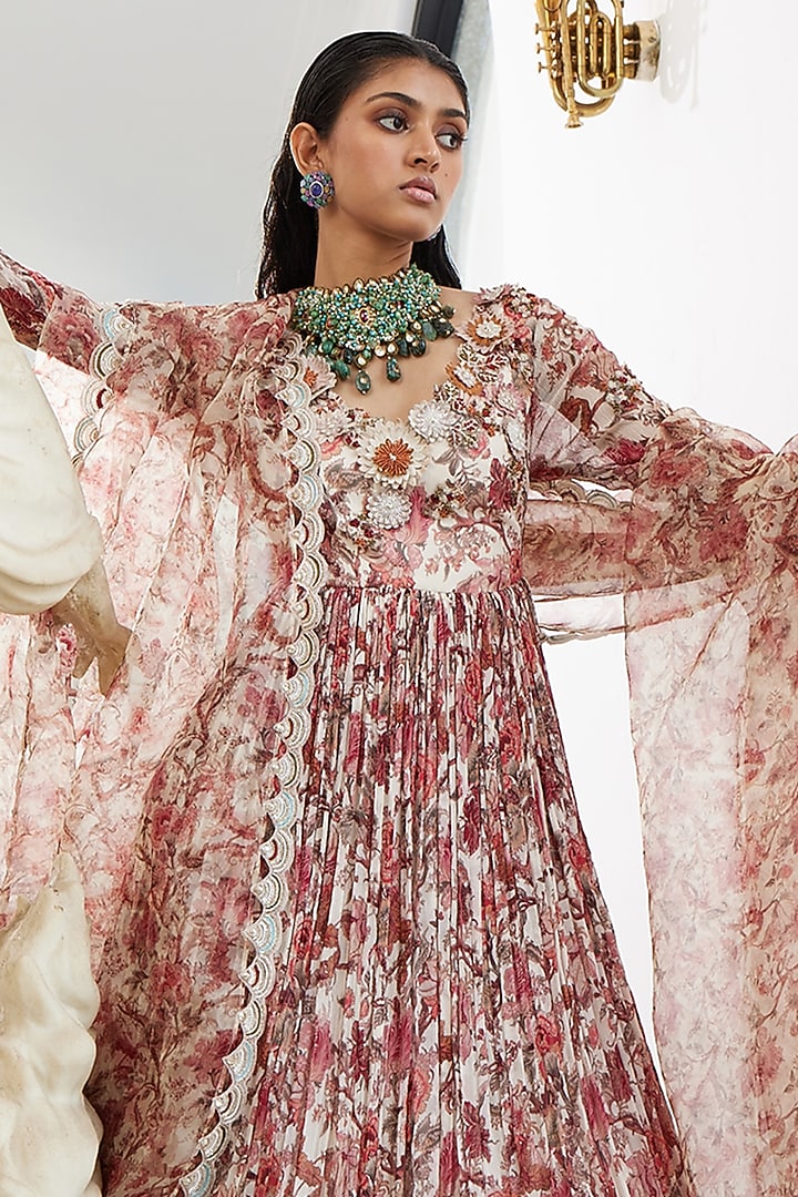 Ivory Chiffon Embroidered Wedding Anarkali Set by Ridhima Bhasin at Pernia's Pop Up Shop
