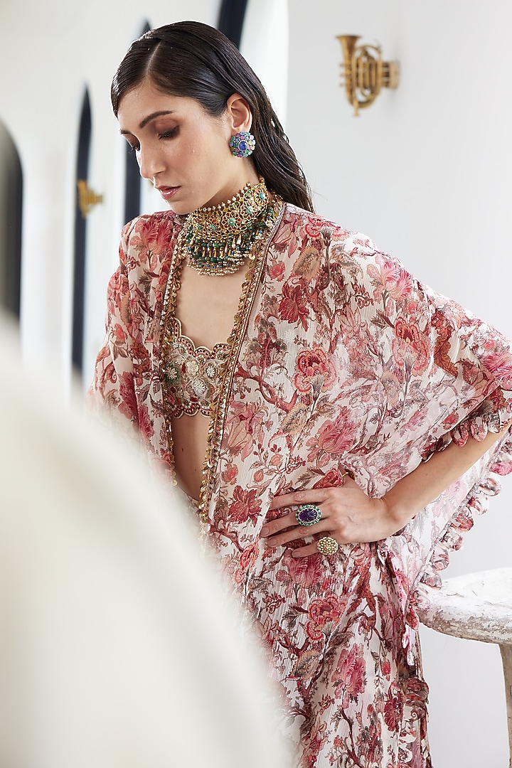 Ivory Chiffon Printed Cape Set by Ridhima Bhasin at Pernia's Pop Up Shop
