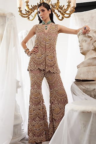 Lilac Organza Embroidered Gharara Set by Ridhima Bhasin