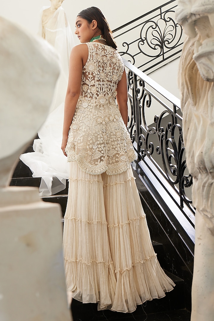 Ivory Chiffon Bridal Sharara Set by Ridhima Bhasin at Pernia's Pop Up Shop