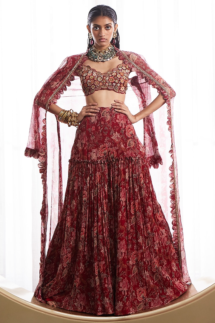 Red Organza & Crinkle Chiffon Printed Sharara Set by Ridhima Bhasin at Pernia's Pop Up Shop