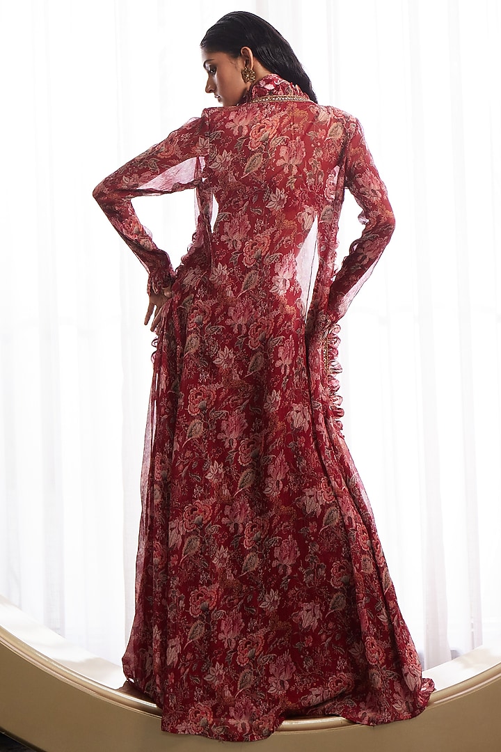 Red Organza & Crinkle Chiffon Printed Wedding Sharara Set by Ridhima Bhasin at Pernia's Pop Up Shop